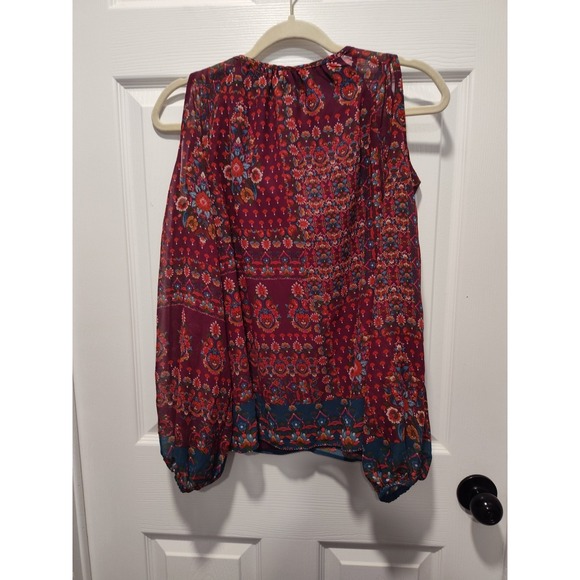 New 1.State Womens Size S Blouse Ruffle Cold Shoulder Top Tie Neck Floral Purple - Picture 2 of 10